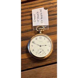 Antique Crown Pocket Watch 15 Jewels S/N 9029175 Gold Filled Embossed